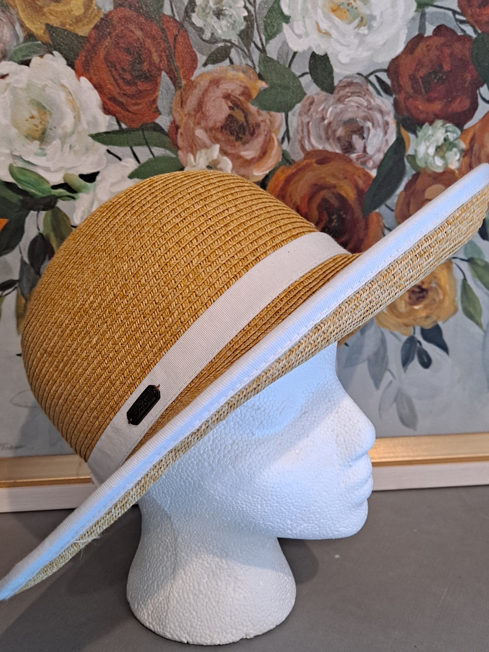 Sun & Sand Natural Straw Sun Hat W/White Band Foldable Packable UPF 50 Backless